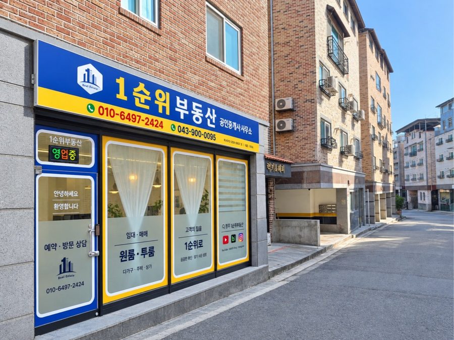 골목에서 바라본 파랑·노랑 간판의 1순위부동산